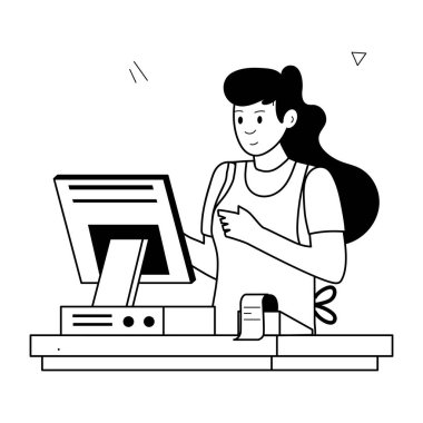 Bilgisayarda çalışan kadın, siyah-beyaz vektör çizimi 