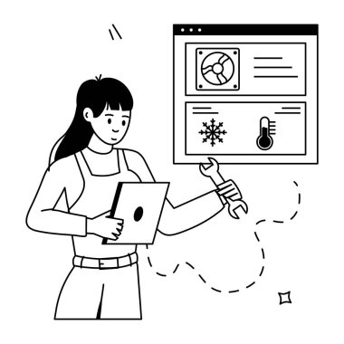 Dizüstü bilgisayarı ve İngiliz anahtarı olan genç iş kadınıyla kavramsal iş illüstrasyonu