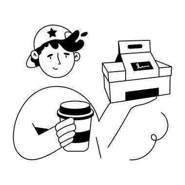 Kahve fincanı ve kutusu olan teslimatçı, siyah ve beyaz çizimler. 