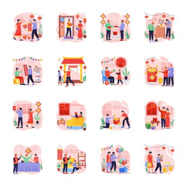 Değişik alışveriş, alışveriş, alışveriş, alışveriş ve teslimat hizmetleri sunan vektör karikatür düz çizim seti. Mutlu yıllar, mutlu yıllar. -