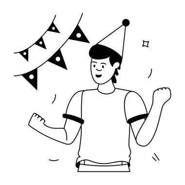 Parti şapkalı genç adam doğum günü vektörü illüstrasyonunu kutluyor