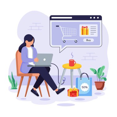 İnternetten alışveriş, dizüstü bilgisayarlı kadın.