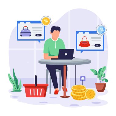 Bilgisayardan alışveriş yapan bir adamın vektör çizimi 