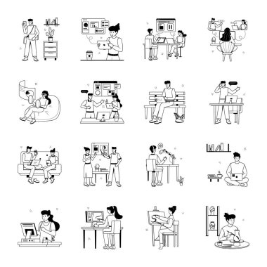 İş adamları, iş, ofis ve iş. çizgi sanat tarzı vektör çizimleri.