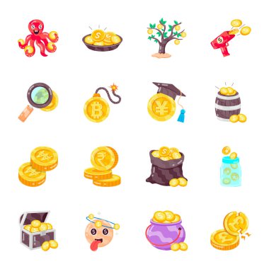 Para simgesi ayarlandı. Web için 9 nakit vektör simgesinin karikatür çizimi