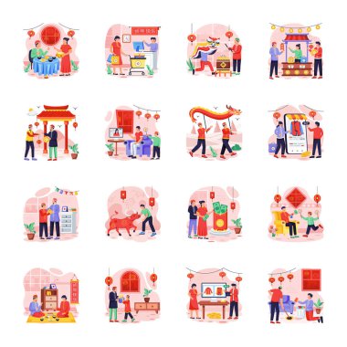 Asyalıların renkli karakterleri, beyaz arkaplan üzerine kurulmuş vektör