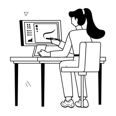 Kadın bilgisayar başında oturuyor. 