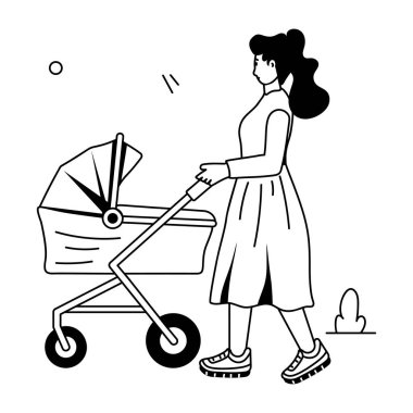 Anne bebek arabası itiyor, vektör illüstrasyonu