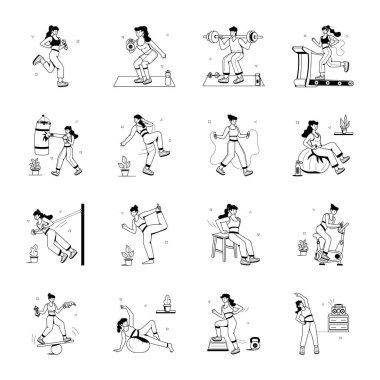 Spor oyunları ve fitness çizimleri için çeşitli pozlar