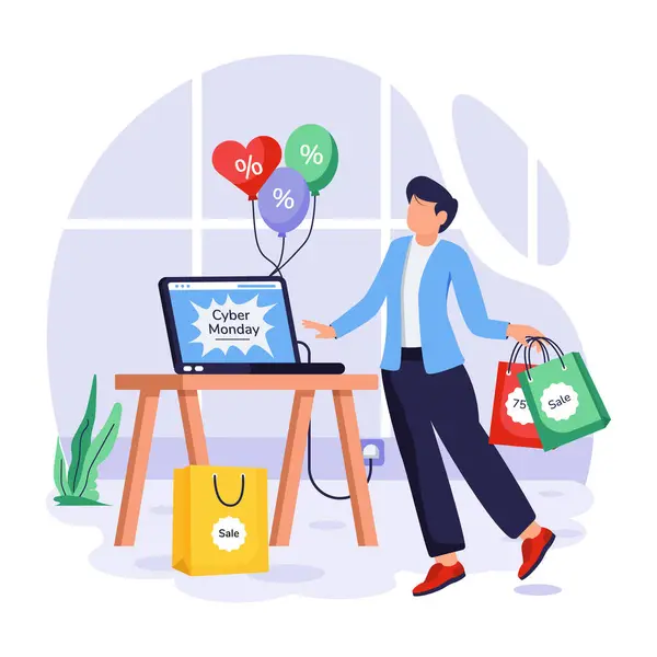 stock vector Cyber Monday shopping. Happy young man holding shopping bags 