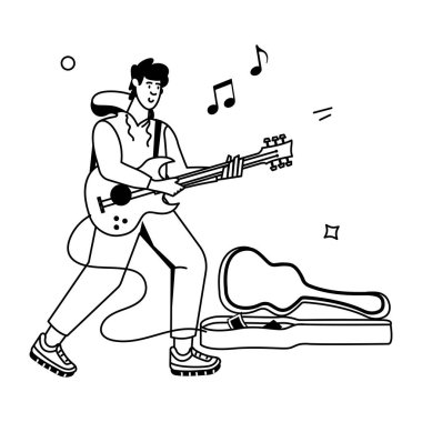 Gitar çalan genç adam ve elektro gitar vektör çizim grafik tasarımı