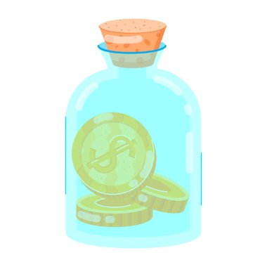 Altın sikkelerle kaplı cam kavanoz beyaza izole edilmiş.