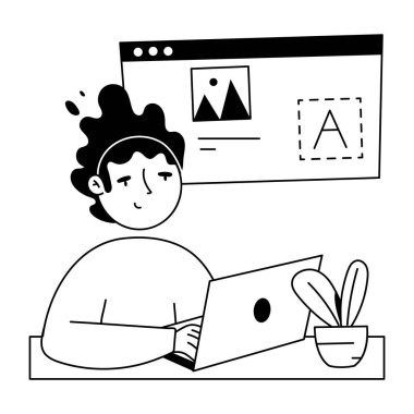 Dizüstü bilgisayarı ve akıllı telefon vektör çizimi tasarımı olan genç adam