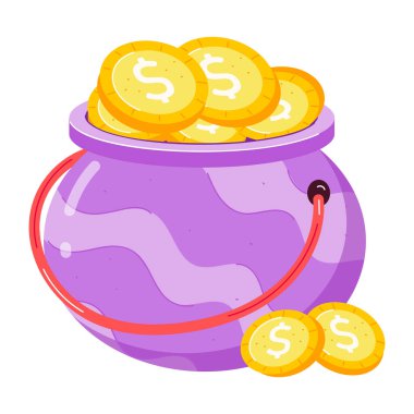 Altın paralı tencere. Vektör tasarımı ögesi, el çizimi klip sanatı beyaza izole edildi