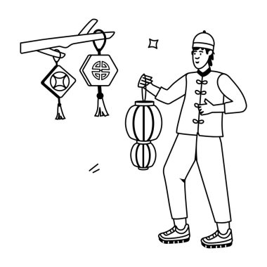 Geleneksel kıyafetleri ve fener vektör çizimi tasarımı olan genç adam.