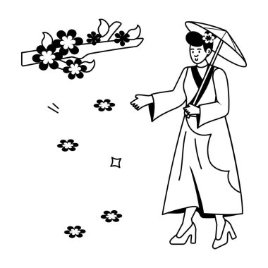 Geleneksel elbiseli Çinli kadın ve çiçek vektör çizimi çizimi yapan kimono.