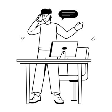 Konuşma balonu vektör çizimi tasarımı ile kulaklık takan genç adam