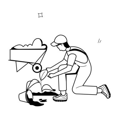 Yaratıcı ve çizgi film stili. Bahçedeki bitkilerle çocuk tasviri. 