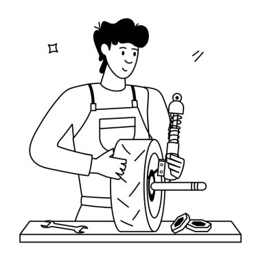 Siyah önlüklü bir adamın vektör çizimi ve siyah gömlekli, fırça ve beyaz arka planlı, siyah takım elbiseli bir adam.