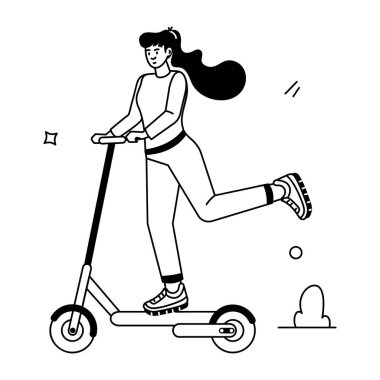 Parkta scooter 'ı ve akıllı telefonu olan kadın.