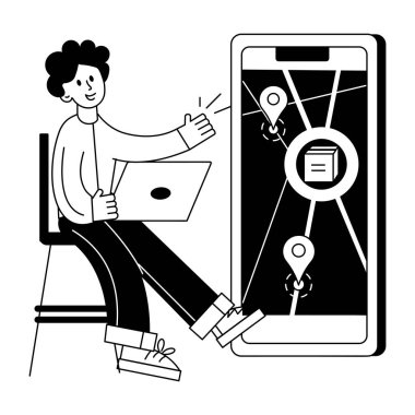 çocuk GPS ve dizüstü bilgisayarla kargo kutusunu işaretlerken yaratıcı ve çizgi film tarzı çizimler 