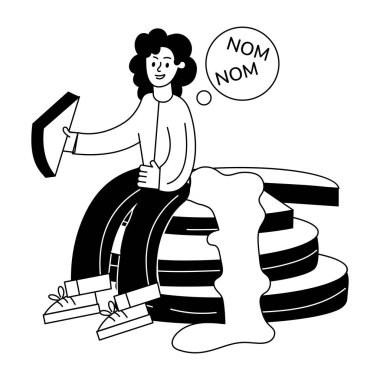 yaratıcı ve çizgi film stili pasta yiyen kadın çizimi 