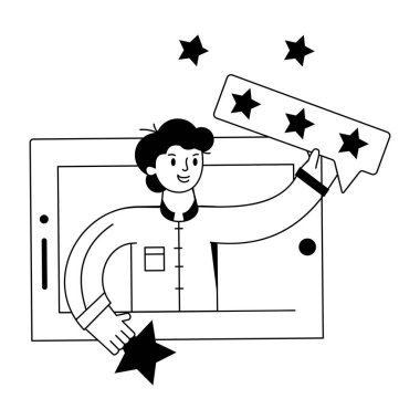 Tablette derecelendirme işareti olan genç adam. 