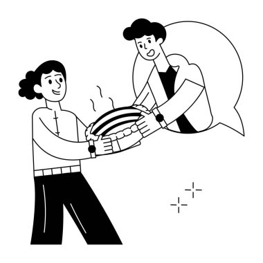 Konuşma baloncuğundaki mutlu kadın ve adam beyaz arka planda lezzetli turtaları bir arada tutuyorlar.       