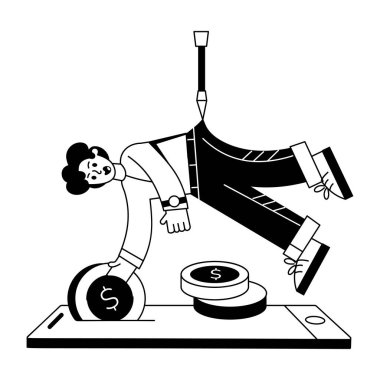 Bozuk paraları ve akıllı telefonu olan karikatür işadamı. 