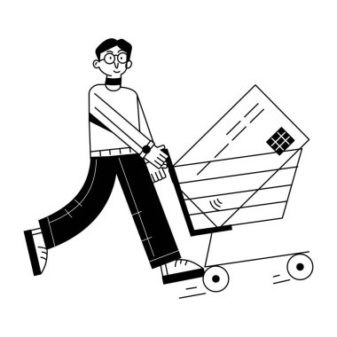 Alışveriş arabası ve paket vektör illüstrasyon tasarımı olan adam
