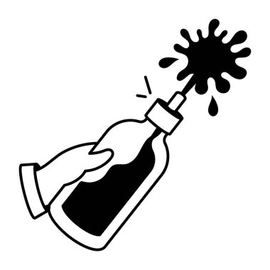 Beyaz arka planda bir şişe sıvı olan el. 