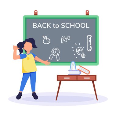 Tahtaya yakın duran ve okula geri dönen bir kız. vektör illüstrasyonu