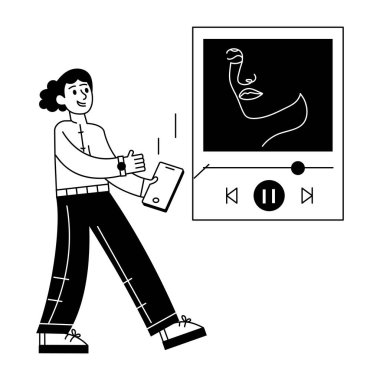 Genç adam medya oynatıcısı ve vektör illüstrasyonuyla akıllı telefon kullanıyor