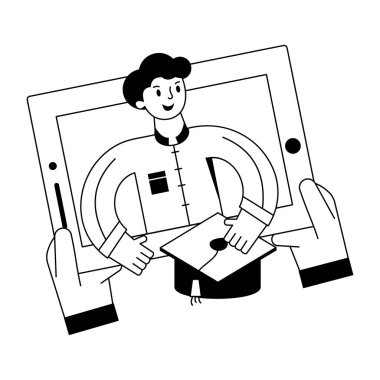 Ekranda çocukla birlikte dijital tableti tutan ellerin çizgi film stili çizimi 