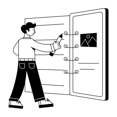 Basit bir ikon. Büyük bir kağıt günlüğüne notlar alan bir adamın karikatür tarzı çizimi 