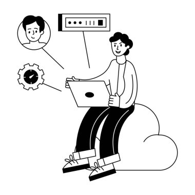 Genç adam sandalyede oturup dizüstü bilgisayar kullanıyor.