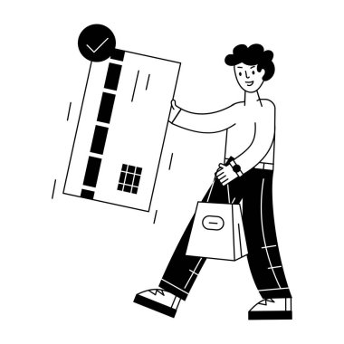 Kredi kartı alışverişi yapan genç bir adam. 