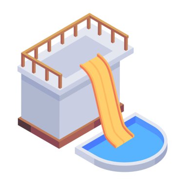 Su kaydırağı ve yüzme havuzu izometrik simgesi