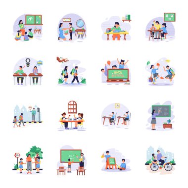 Düz insanlar ve okul vektör illüstrasyonu