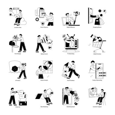 bir grup insan ve sosyal medya simgeleri