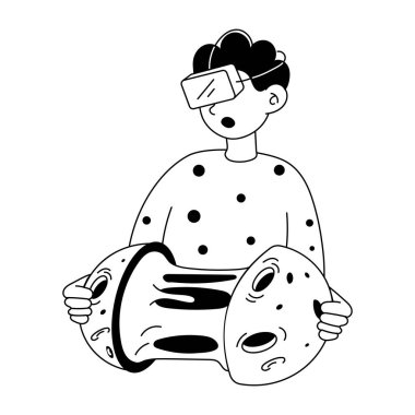 Genç adam sanal gerçeklik kulaklığı takıyor ve sanal gerçeklik gözlüğü kullanıyor.