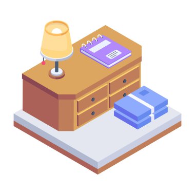 Çekmeceli, vektör illüstrasyonlu odanın izometrik iç yüzeyi