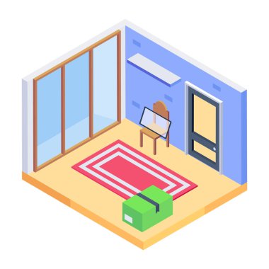 Mobilyalı izometrik iç oda, vektör tasarımı