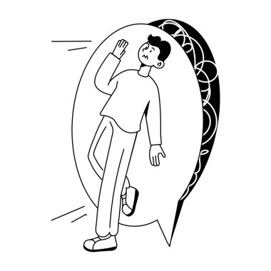 Genç adam konuşma balonuna yaslanıyor