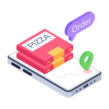 Pizza kutularının renkli izometrik çizimi, dağıtım konsepti 