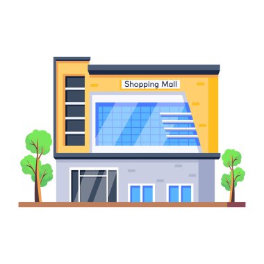 Beyaz arka planda izole edilmiş modern AVM binasının renkli çizimi 