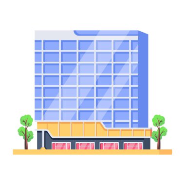 Beyaz arka planda izole edilmiş modern AVM binasının renkli çizimi 