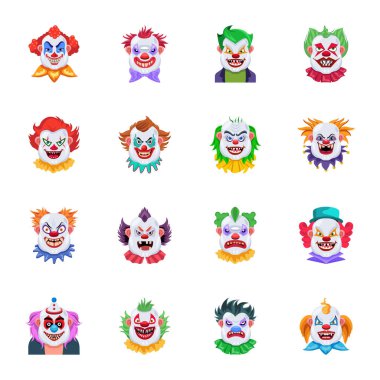 Cadılar bayramı için vektör düz simgeler, palyaçolar