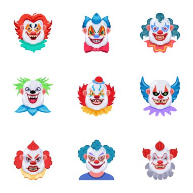 Palyaço ikonu hazır. Beyaz arkaplanda izole edilmiş web tasarımı için karnaval vektör simgeleri dizisi