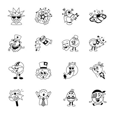 vektör kümesi çizilmiş karikatür siyah ve beyaz